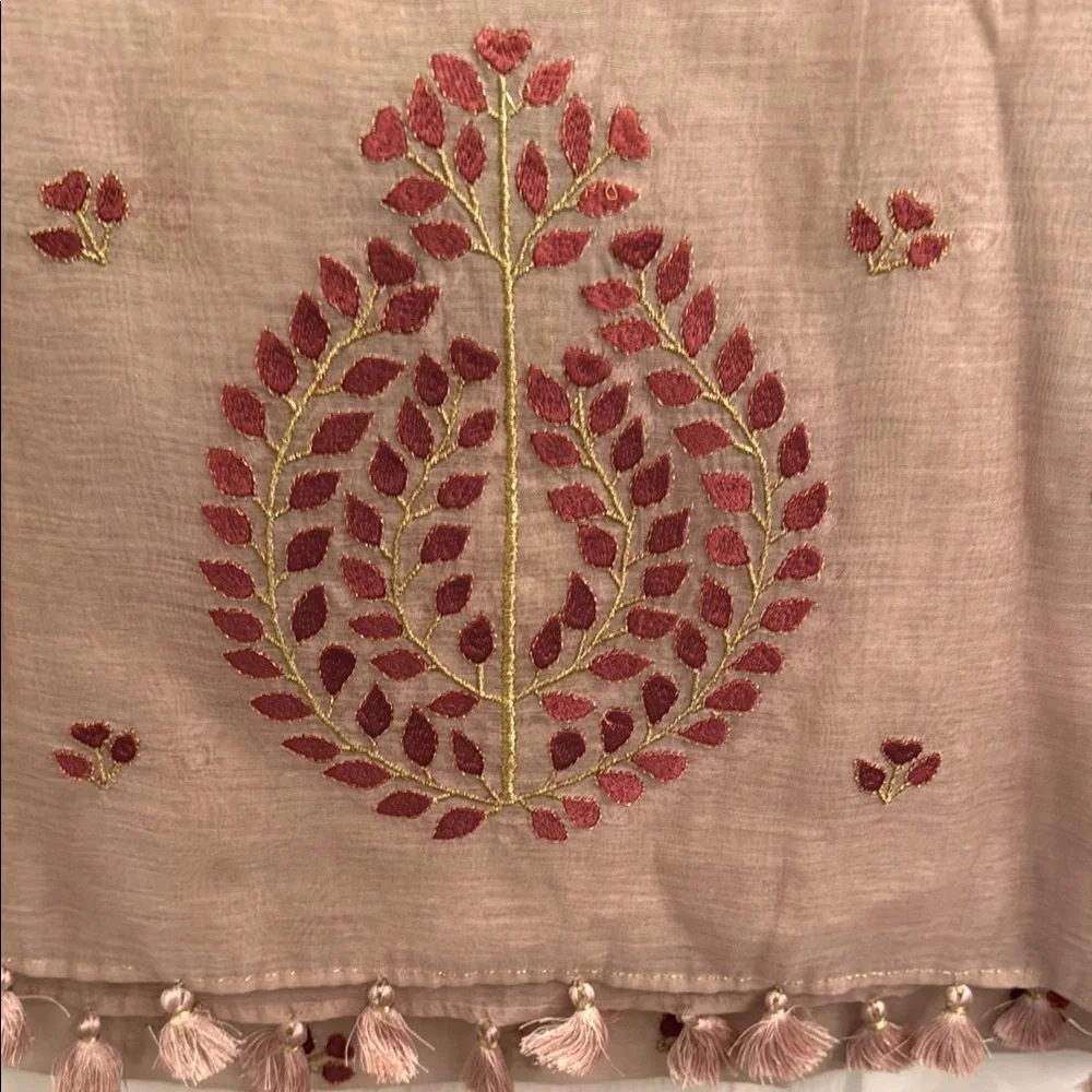 NWT-Beige Sheer Scarf with Rust & Gold Embroidery + Tassels